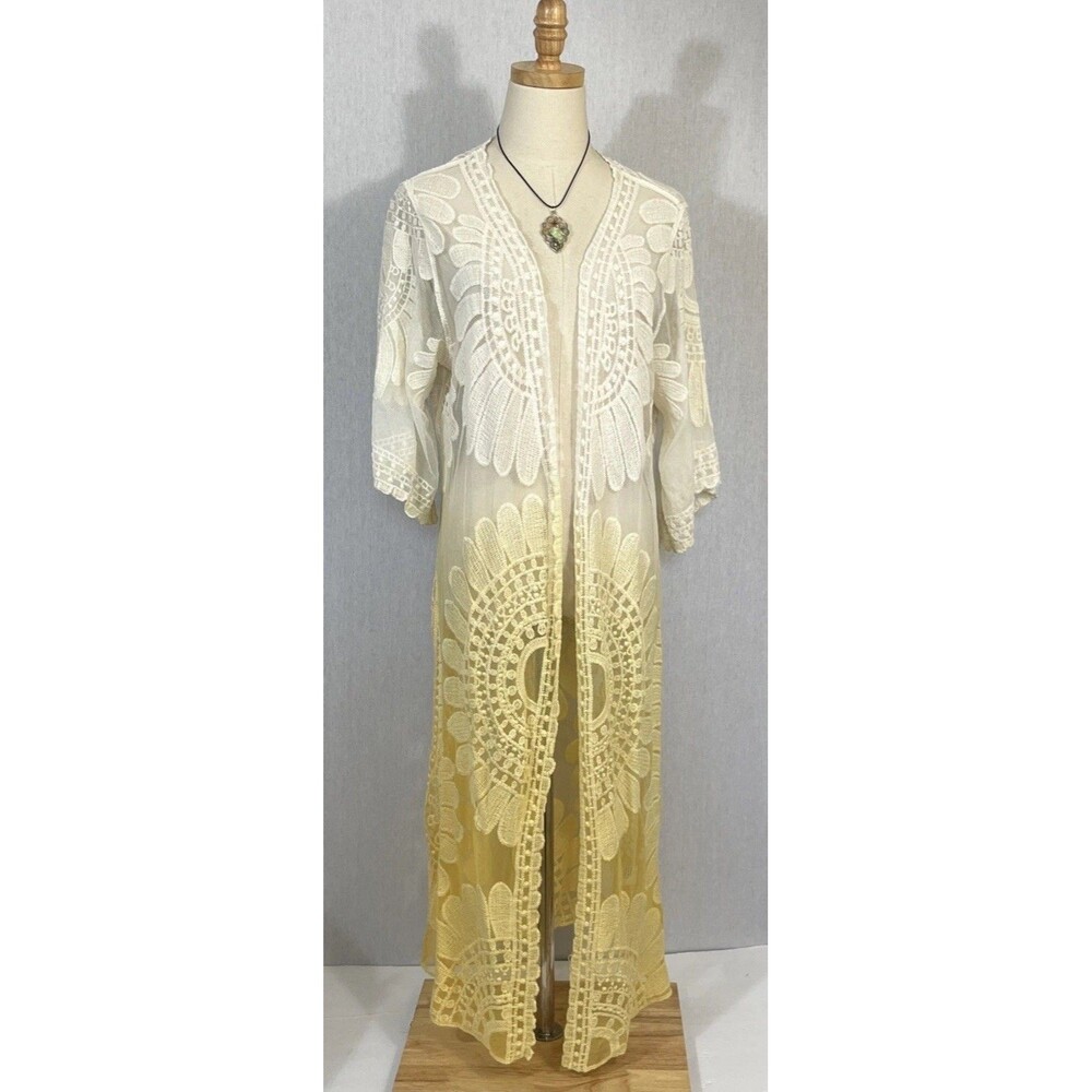 Rebellion Again Crochet Lace Ombré Kimono Duster Cardigan Boho Hippie Retro M